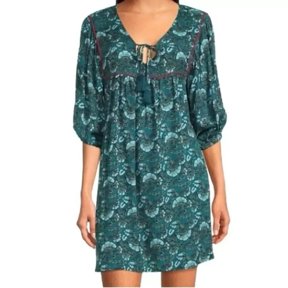 Band of the Free puff sleeve pocket short mini dress Aqua Teal floral BOG Small - Picture 2 of 16